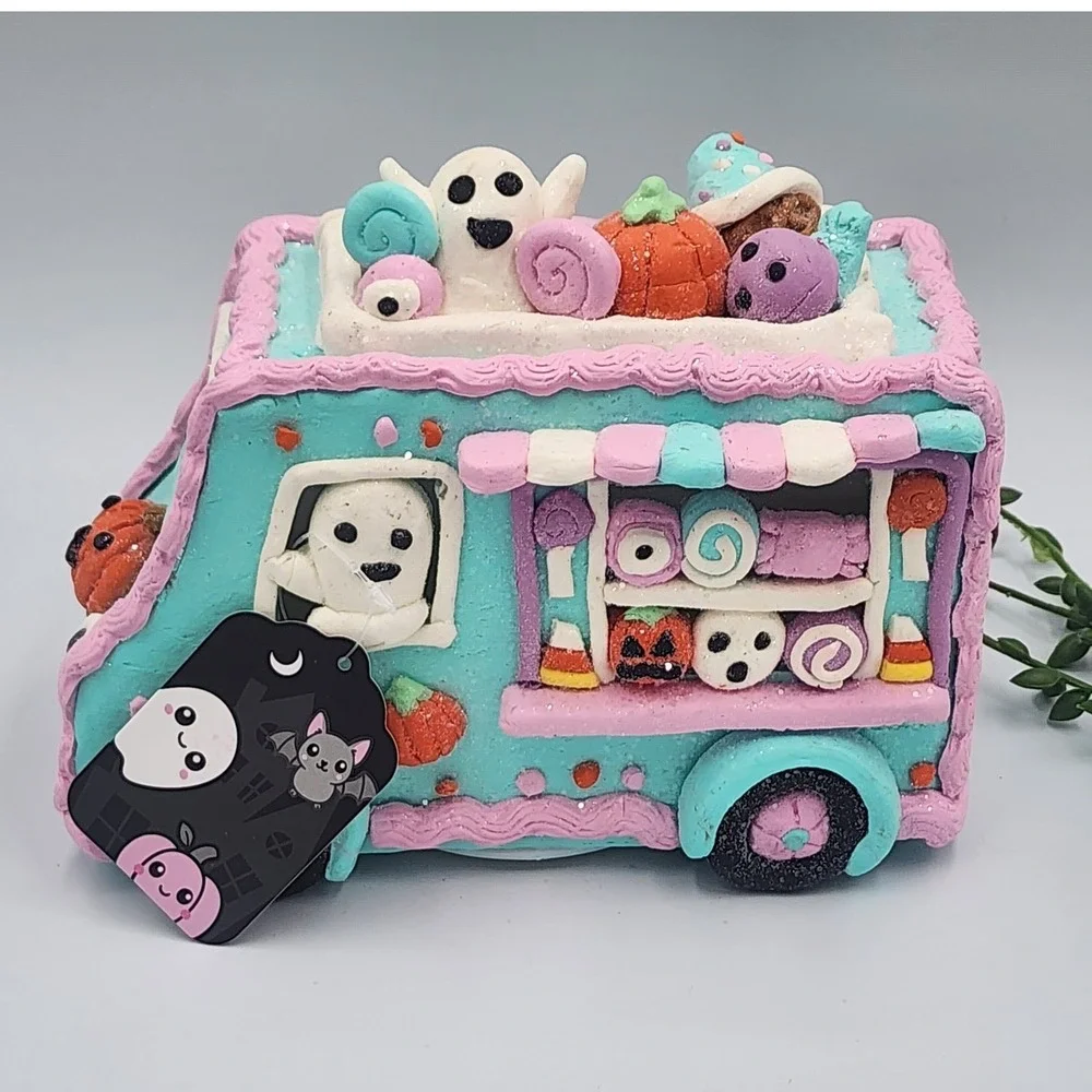 Halloween Gingerbread LED Lighted Ice Cream Truck Pastelween Teal Pink Ghost